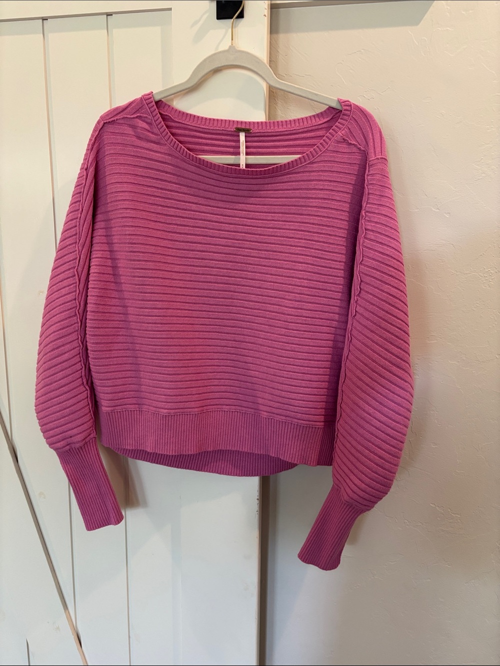 Free People Ribbed Crewneck Sweater in Fuchsia Pink